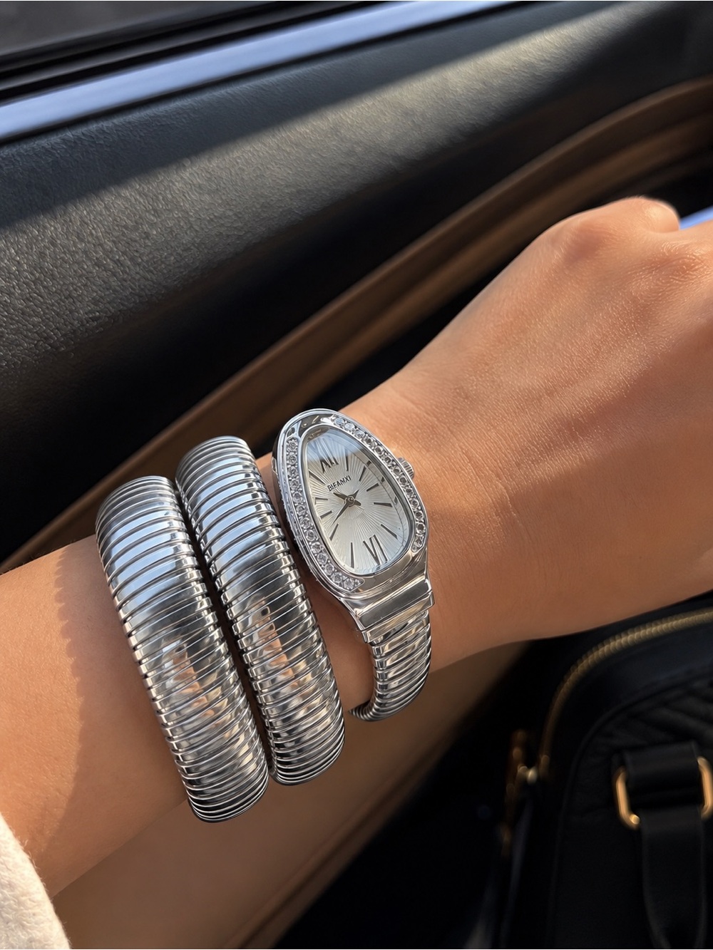 Serpenti Snake Silver Coil Wrap Watch with Crystal Accents